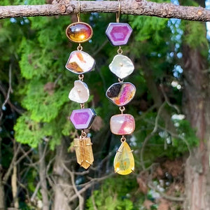 Totem Earrings with Tourmaline, Quartz, Sapphire, and Keshi Pearl