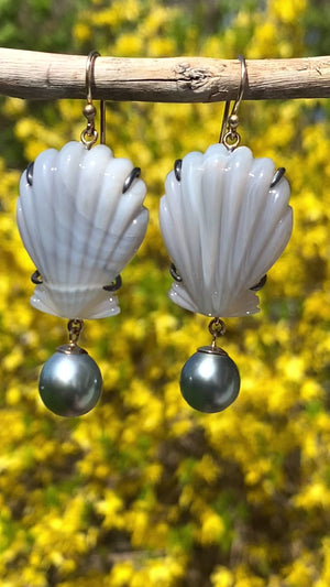 Laguna Agate Shell and Tahitian Pearl Earrings