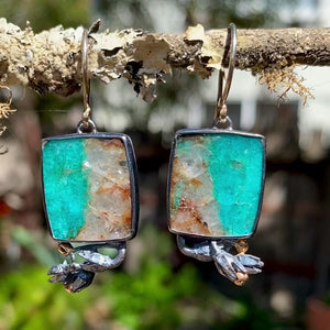 Amazonite in Quartz Earrings with Seedpods and Golden ‘Buds’