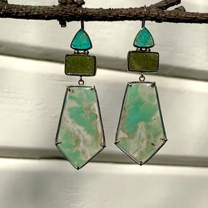 Aquaprase, Green Drusy Quartz, and Amazonite Earrings