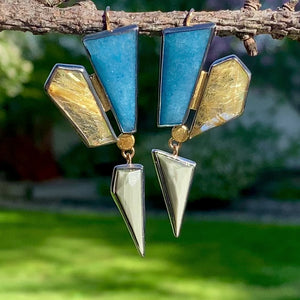 Geometric Earrings with Lazulite, Golden Rutilated and Chatoyant Grey Quartzes