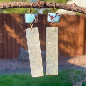 Golden Hills Lavender Turquoise and Antique Mother of Pearl Chinese Gaming Token Earrings