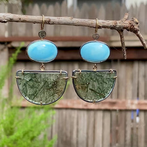 Golden Hills Turquoise and Actinolite in Quartz Earrings