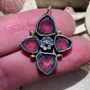 Etruscan-style Amulet with Blue/Pink Tourmaline Slices and Poppy Pod