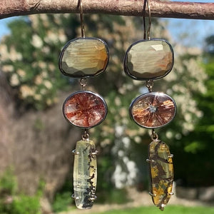 Chatoyant Grey, Copper Star Rutilated, and Dendritic Quartz Earrings