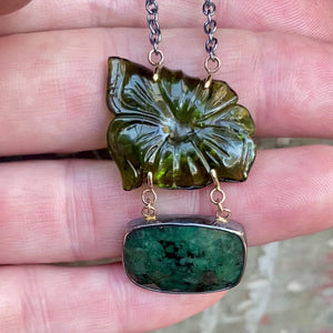 Carved Green Tourmaline Flower and Emerald Necklace