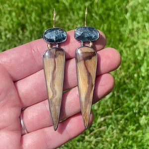 Petrified Oak Wood and Speckled Teal Kyanite Earrings