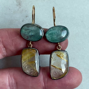 Teal Kyanite and Golden Rutilated Quartz Earrings