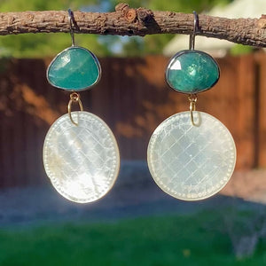 Grandidierite and Antique Mother of Pearl Chinese Gaming Token Earrings