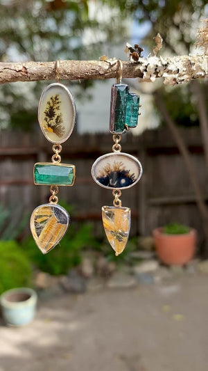 Teal Tourmaline, Dendritic Agate and Golden Star Rutilated Quartz Earrings