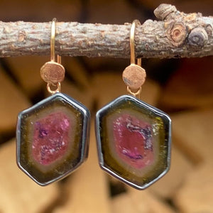 Watermelon Tourmaline Slice Earrings with Antique Chinese Mother of Pearl Gaming Tokens