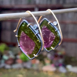 Watermelon Tourmaline Earrings with Diamond and Spinel