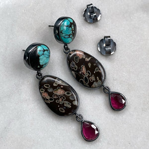 Turquoise, Volcanic Porphyry and Garnet Earrings