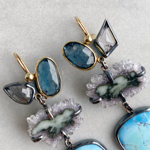 Lavender Turquoise, Amethyst Stalactite, Teal Kyanite and Grey Spinel Earrings