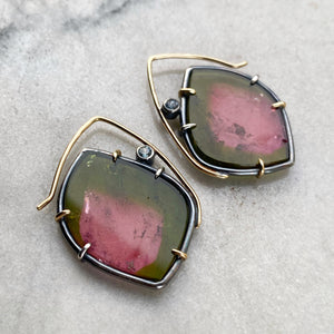 Watermelon Tourmaline Earrings with Diamond and Spinel