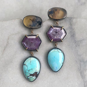 Dendritic Agate, Sapphire and Lavender Turquoise Earrings