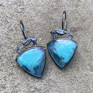 Opalized Wood Earrings with Seahorses