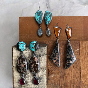 Turquoise, Volcanic Porphyry and Garnet Earrings