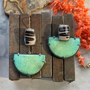 Convertible Turquoise and Petrified Oak Wood Earrings