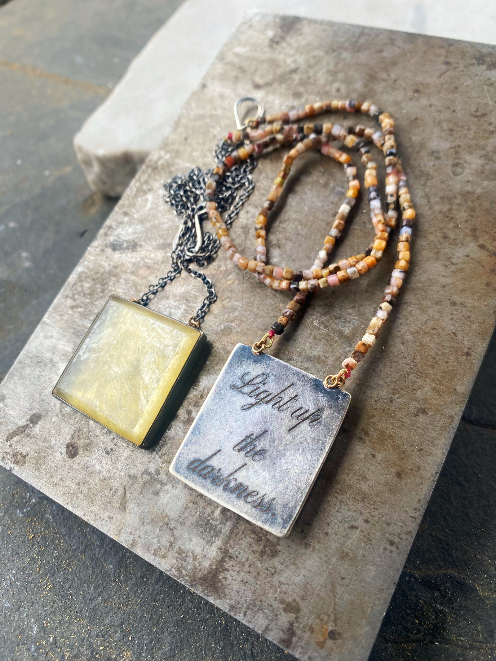Engraved Golden Lepidolite Necklaces