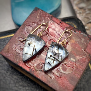 Black Rutilated Quartz Earrings with Antique Chinese Mother of Pearl Gaming Tokens