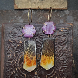 Raspberry Sheen Sapphire and Dendritic Agate Earrings