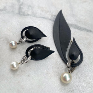 Marsh & Co. c. 1930s Blackened Steel, White Gold, and Cultured Pearl Jewelry Suite