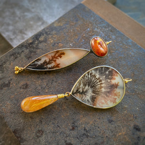 Dendritic Agate, Sunstone, and Golden Rutilated Quartz Earrings