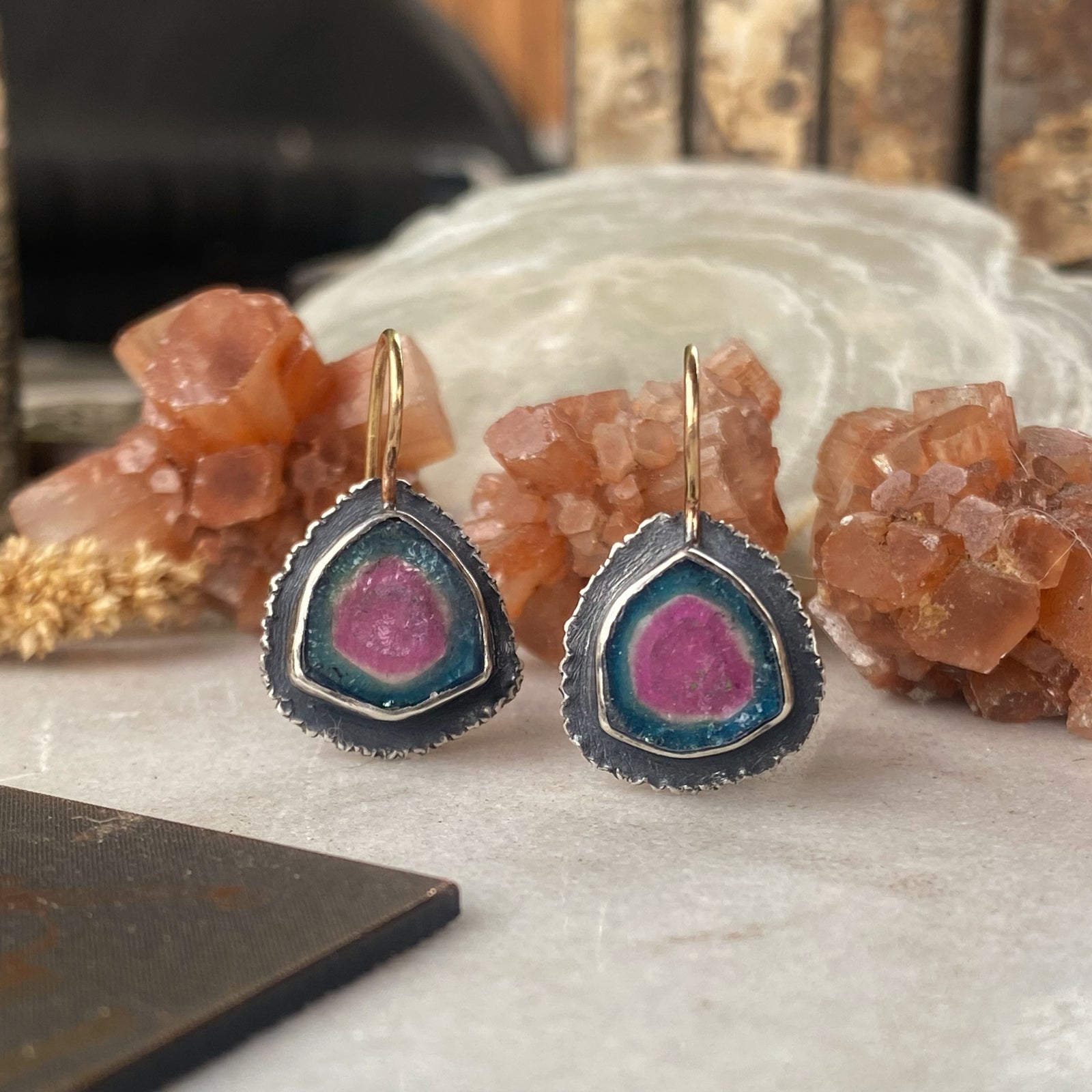 Blue/Pink Tourmaline Ruffle-edged Earrings