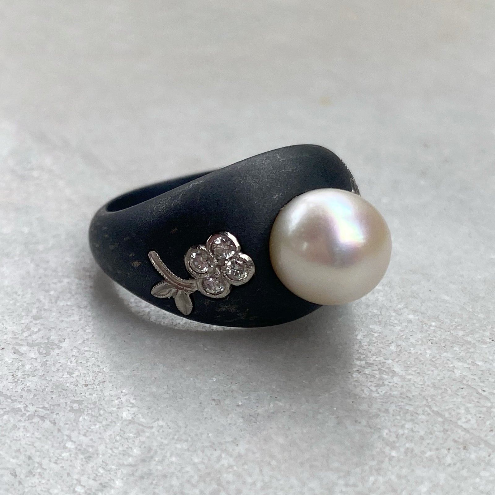 Marsh & Co. c. 1930s Blackened Steel, White Gold, and Cultured Pearl Ring