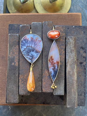 Dendritic Agate, Sunstone, and Golden Rutilated Quartz Earrings