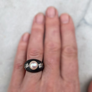 Marsh & Co. c. 1930s Blackened Steel, White Gold, and Cultured Pearl Ring