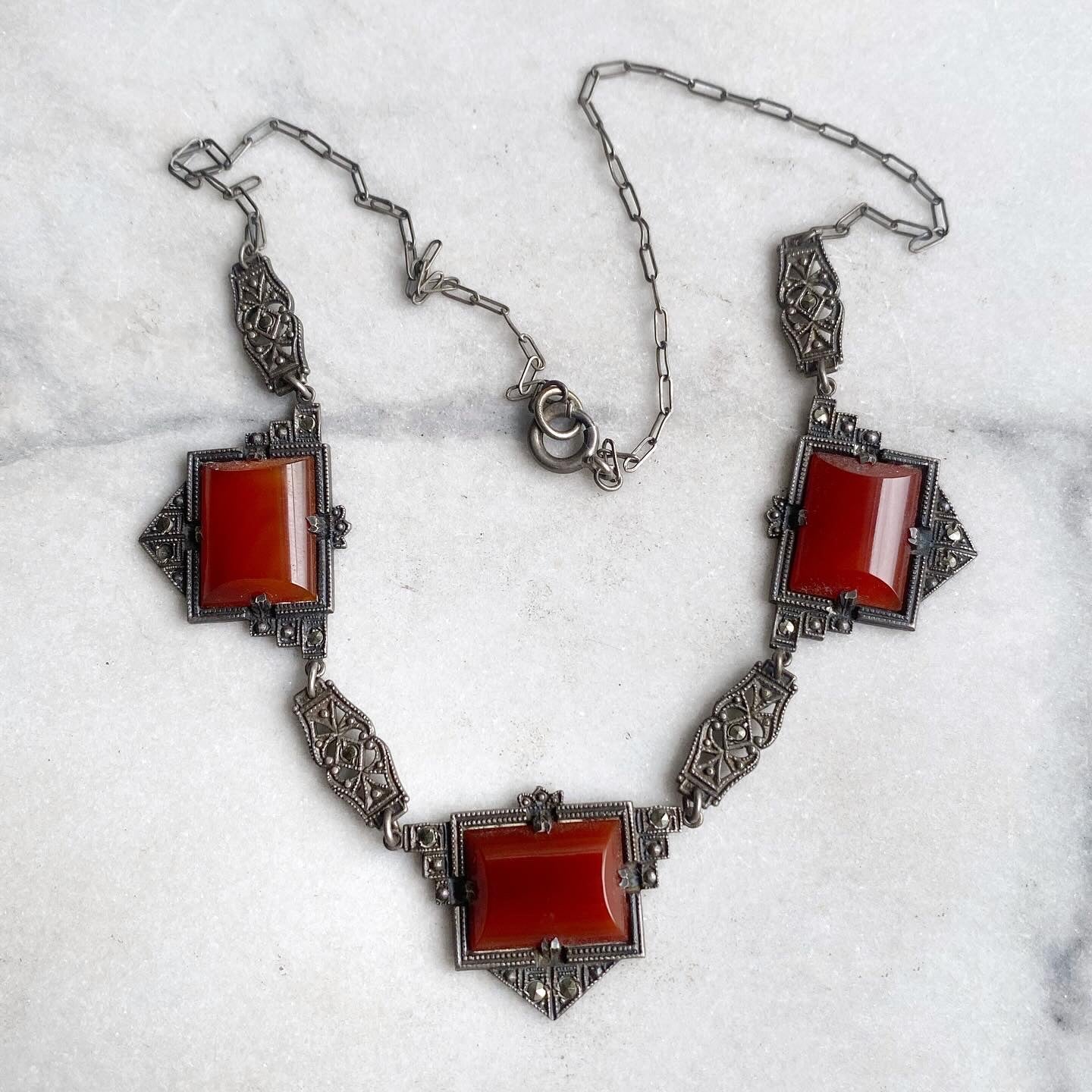 Bohemian Carnelian and Marcasite Necklace