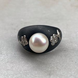 Marsh & Co. c. 1930s Blackened Steel, White Gold, and Cultured Pearl Ring