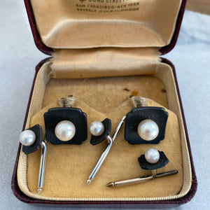 Marsh & Co. c. 1930s Blackened Steel, White Gold, and Cultured Pearl Jewelry Suite