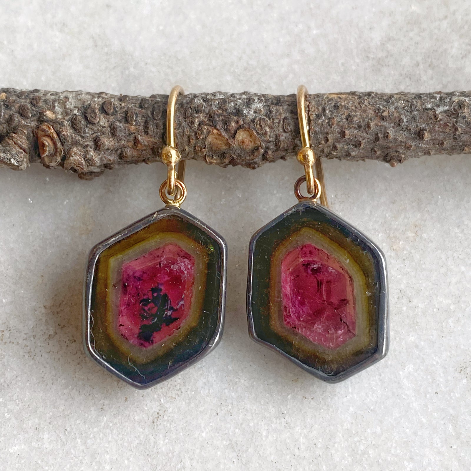 Watermelon Tourmaline Slice Earrings with Antique Chinese Mother of Pearl Gaming Tokens