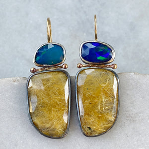 Opal and Golden Rutilated Quartz Earrings