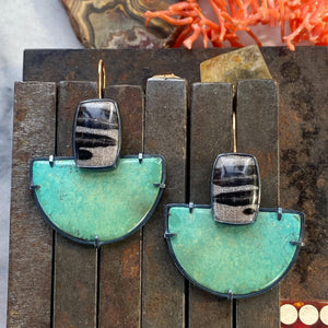 Convertible Turquoise and Petrified Oak Wood Earrings