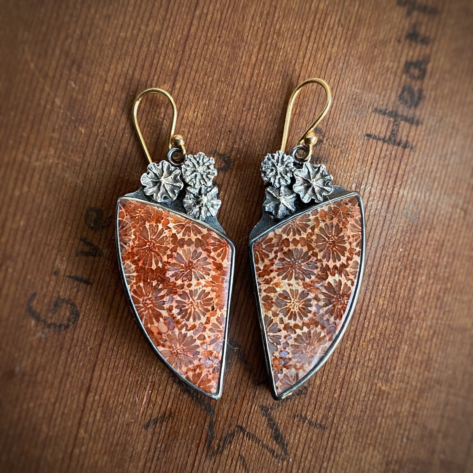 Fossilized Coral Earrings with Poppy Pods