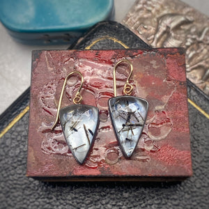 Black Rutilated Quartz Earrings with Antique Chinese Mother of Pearl Gaming Tokens