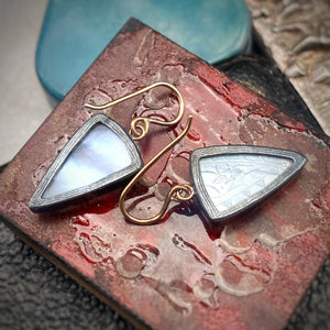 Black Rutilated Quartz Earrings with Antique Chinese Mother of Pearl Gaming Tokens