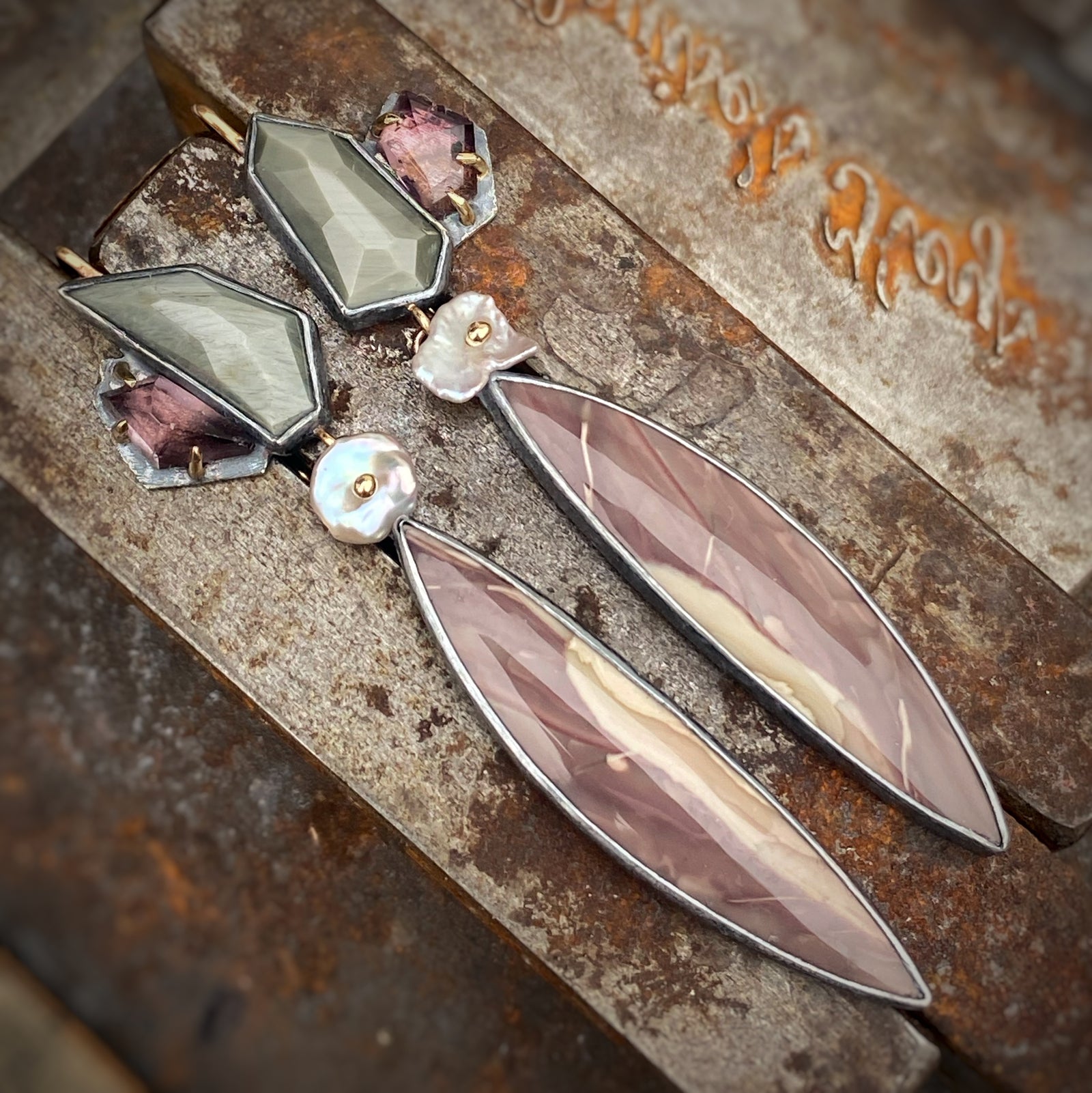 Willow Creek Jasper Earrings with Chatoyant Grey Quartz, Lavender Spinel, and Keshi Pearl