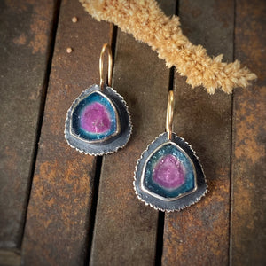 Blue/Pink Tourmaline Ruffle-edged Earrings