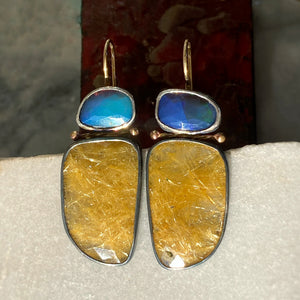 Opal and Golden Rutilated Quartz Earrings