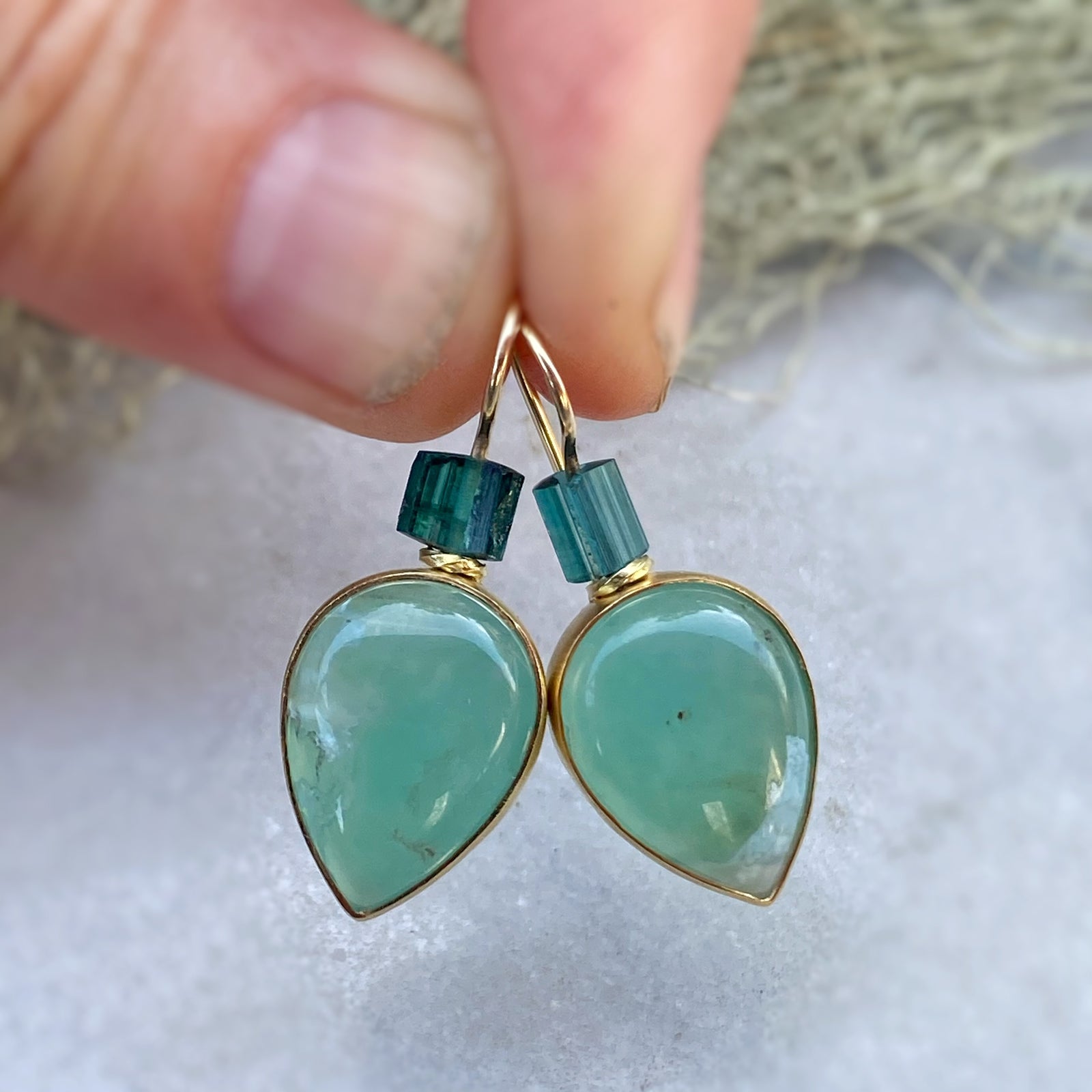 Aquaprase Earrings with Raw Indicolite Tourmaline Beads