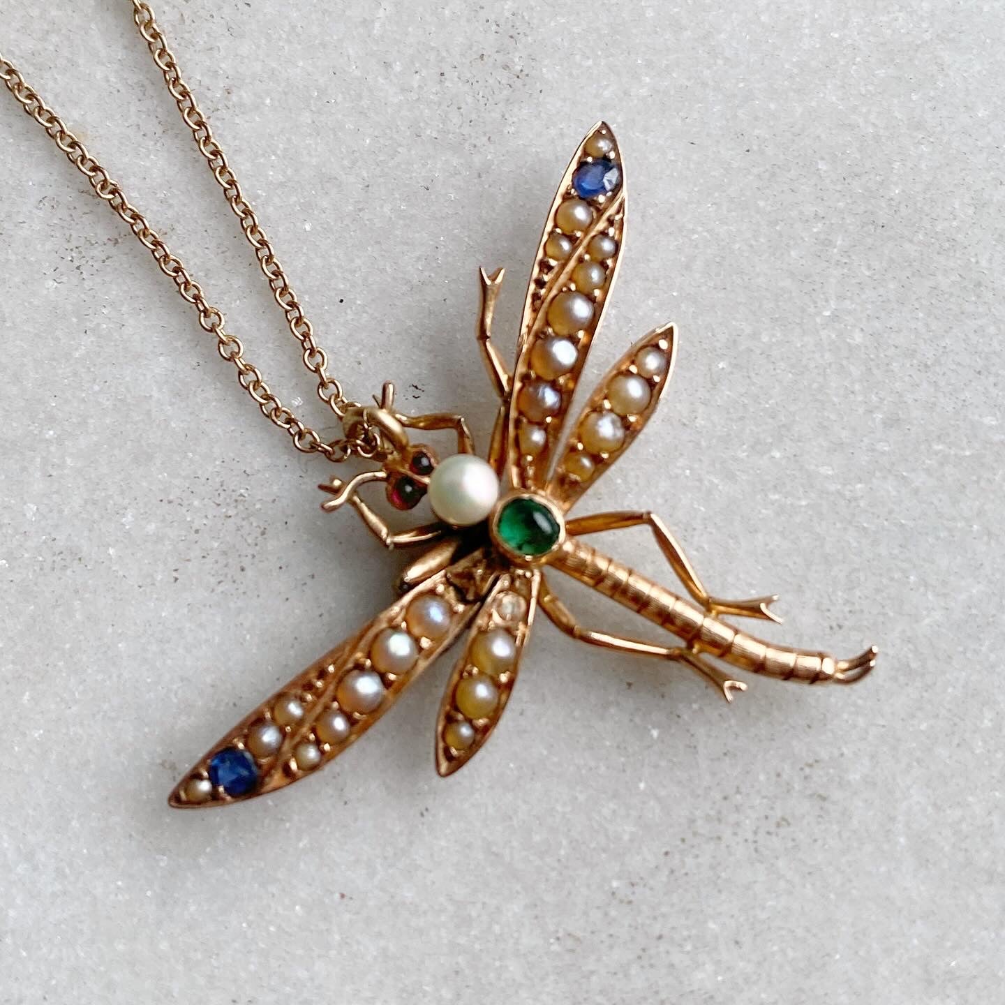 Art Nouveau-era Rose Gold & Gemstone Dragonfly Necklace