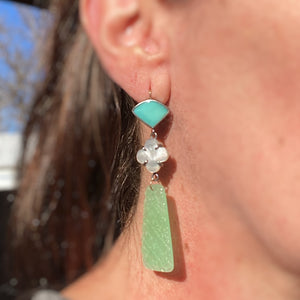 Oval Campitos Turquoise, Mother of Pearl, and Carved Jade Earrings