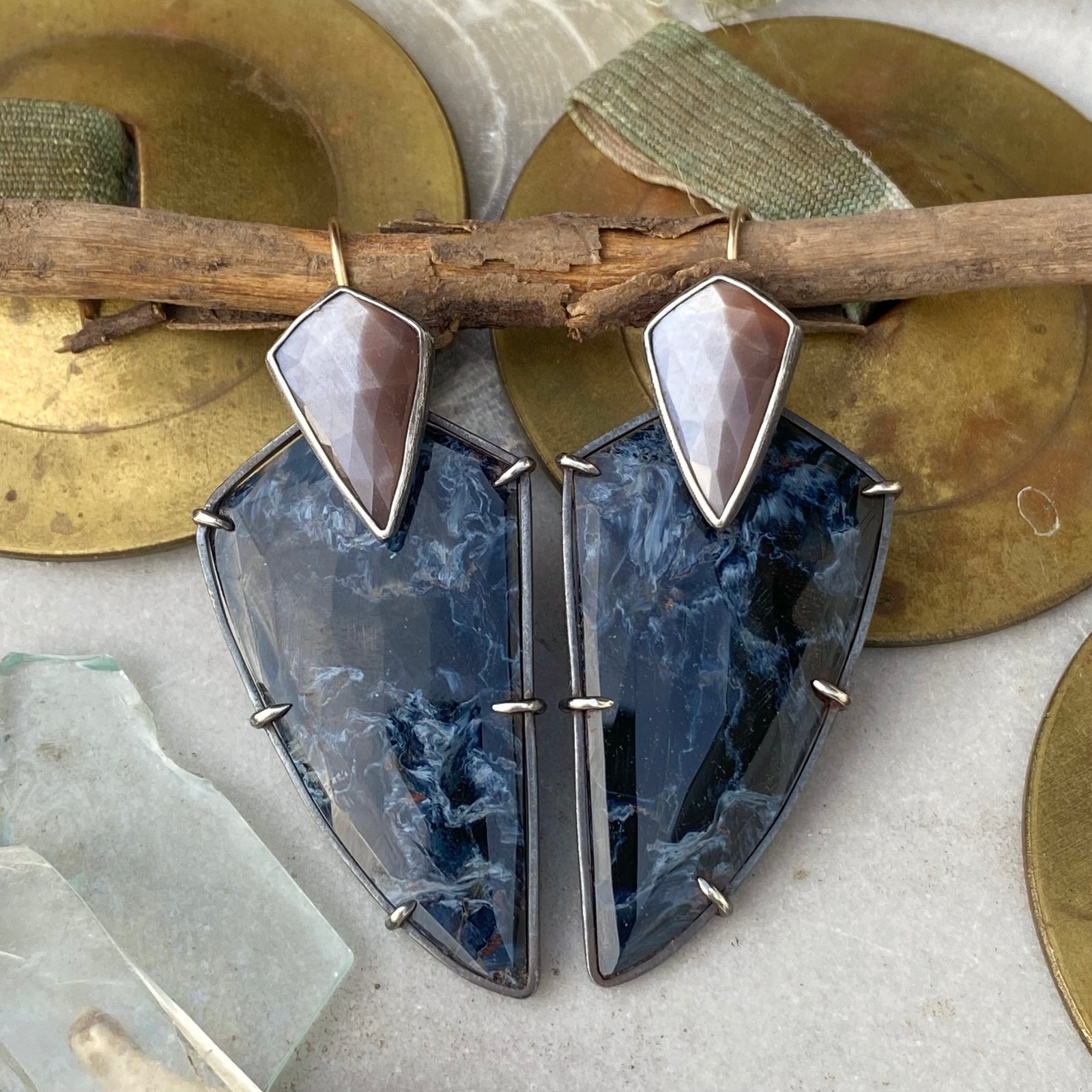 Convertible Pietersite and Peach Moonstone Earrings