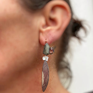 Willow Creek Jasper Earrings with Chatoyant Grey Quartz, Lavender Spinel, and Keshi Pearl