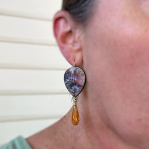 Dendritic Agate, Sunstone, and Golden Rutilated Quartz Earrings